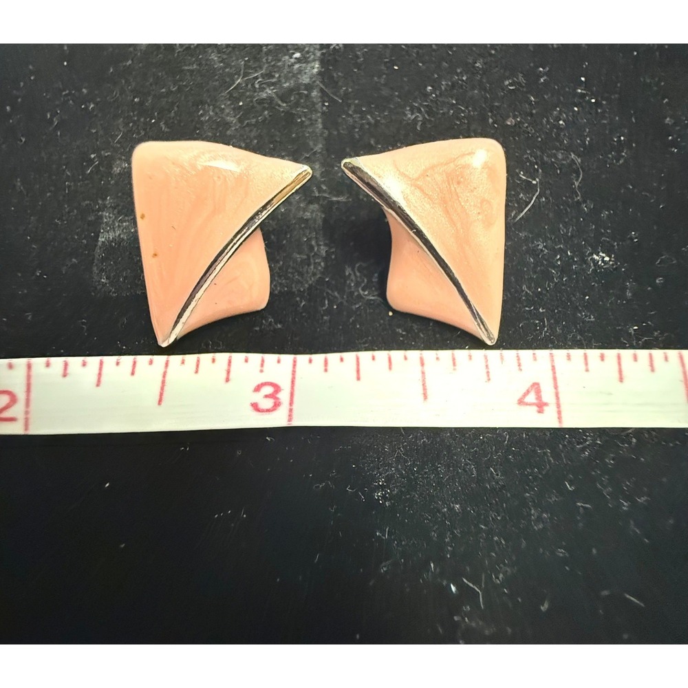 Vintage JJ Jonette Jewelry Peach Enamel Geometric Abstract Fold Post Earrings